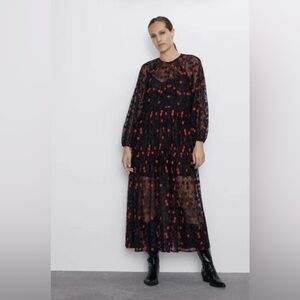 Zara Black and Red Floral Long Sleeve Dress
